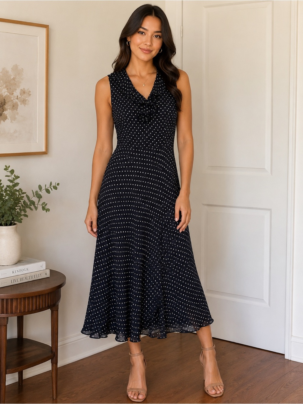 Lauren Ralph Lauren Black Sleeveless Polka Dot Midi Dress 100%silk Size 8P